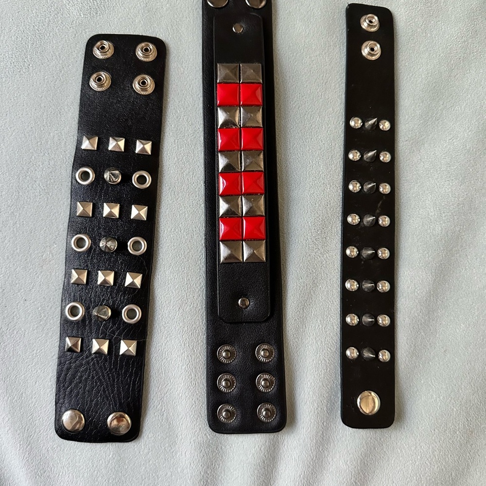 Black Studded Leather Wristband with Red Accent - Men’s Accessory